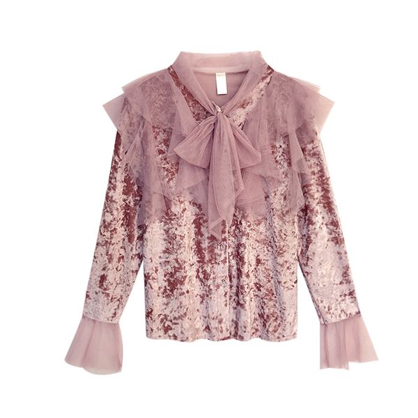 women pink black gray velvet solid bow collar button long sleeve ruffle shirt blouse b0229 210514, White
women pink black gray velvet solid bow collar button long sleeve ruffle shirt blouse b0229 210514, White