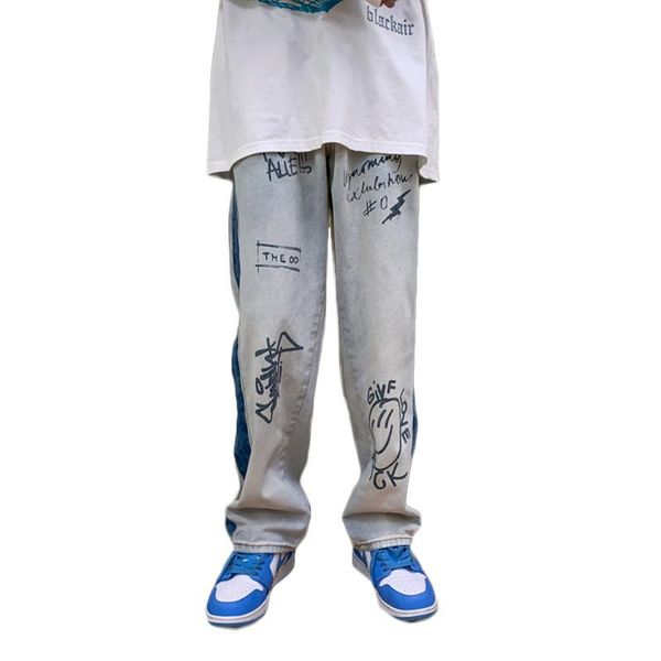 men's jeans korean style loose fashion wide-leg floor trousers personality printing straight leg pants streetwear, Blue
men's jeans korean style loose fashion wide-leg floor trousers personality printing straight leg pants streetwear, Blue