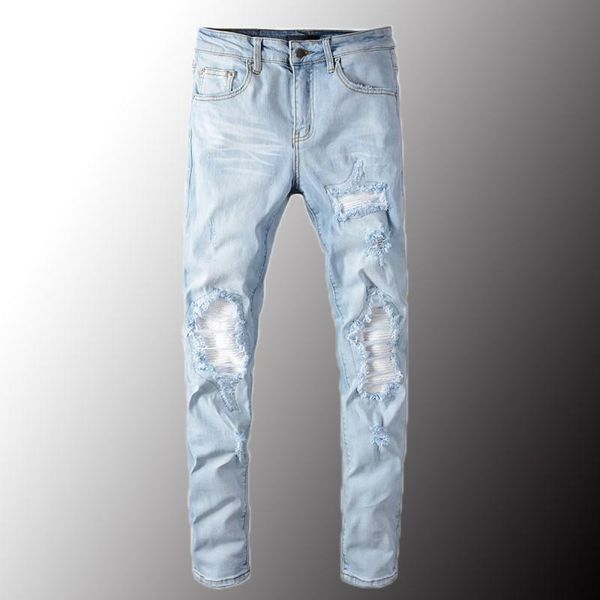men's jeans luxury pale light blue white pleated patchwork fashion slim skinny holes ripped stretch denim pants size 40
men's jeans luxury pale light blue white pleated patchwork fashion slim skinny holes ripped stretch denim pants size 40