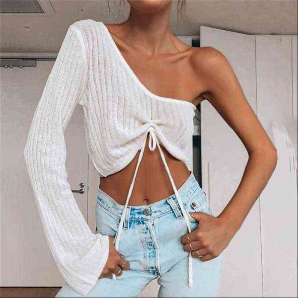 drawstring womens sweater off shoulder knitting single sleeve white pullover summer drop, White;black
drawstring womens sweater off shoulder knitting single sleeve white pullover summer drop, White;black