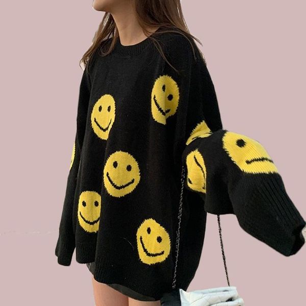 women's sweaters 2021 autumn winter woman sweater smile pattern loose korean stylish women warm oversize casual mujer knitted pullover, White;black
women's sweaters 2021 autumn winter woman sweater smile pattern loose korean stylish women warm oversize casual mujer knitted pullover, White;black