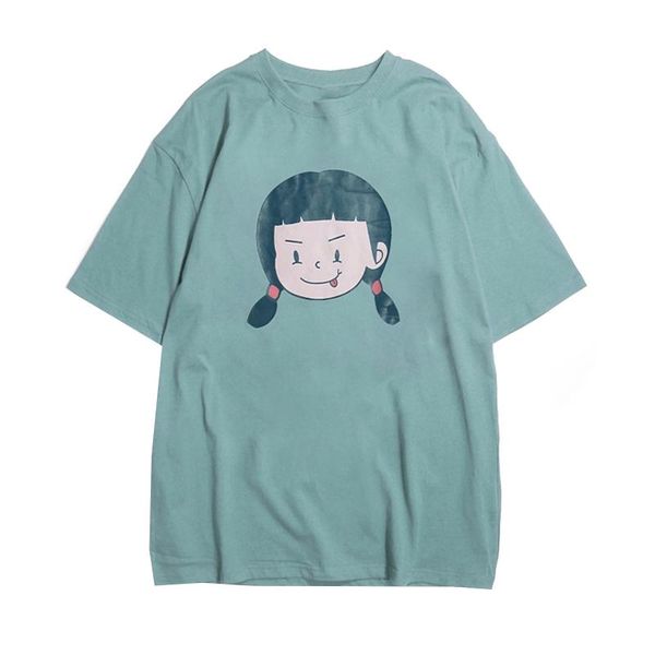 women's t-shirt summer loose cartoon girl print green short-sleeved women, White
women's t-shirt summer loose cartoon girl print green short-sleeved women, White