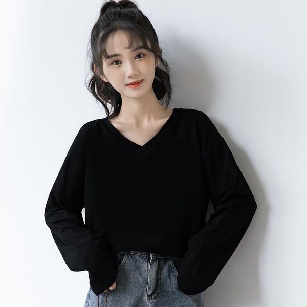 women's sweaters 2021 spring pure black v-neck bottoming shirt female korean loose-fitting solid color long sleeves t-shirts inner wear, White;black
women's sweaters 2021 spring pure black v-neck bottoming shirt female korean loose-fitting solid color long sleeves t-shirts inner wear, White;black