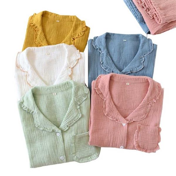 spring autumn solid color pajama set women soft gauze cotton full-sleeve 2pcs macaron color turn-down collar household sleepwear 211007, Black;red
spring autumn solid color pajama set women soft gauze cotton full-sleeve 2pcs macaron color turn-down collar household sleepwear 211007, Black;red