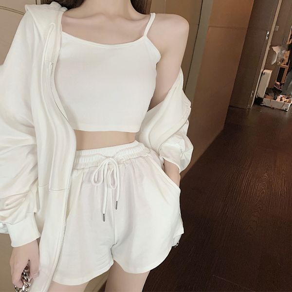 solid three piece set for women short tank hooded collar jacket wide leg loose shorts casual sets female 2021, White
solid three piece set for women short tank hooded collar jacket wide leg loose shorts casual sets female 2021, White