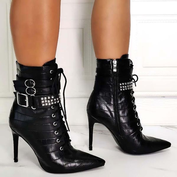 boots est silver rivets studs strap lace up ankle women gladiator stone leather high heel pointed toe short, Black
boots est silver rivets studs strap lace up ankle women gladiator stone leather high heel pointed toe short, Black