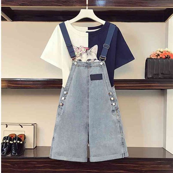 summer 2 piece overalls set women sequin glasses cat appliques white blue patchwork tshirt + wide leg romper&playsuits sets 210602
summer 2 piece overalls set women sequin glasses cat appliques white blue patchwork tshirt + wide leg romper&playsuits sets 210602