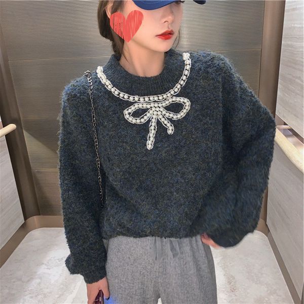 contrast color nail bead sweater women's pullover long sleeve lazy wind pearl bow decorative warm knit, White
contrast color nail bead sweater women's pullover long sleeve lazy wind pearl bow decorative warm knit, White