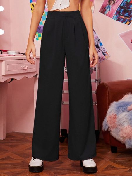 zipper fly fold pleated palazzo pants 13m4#, Black;white