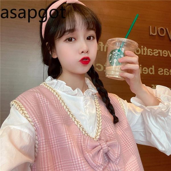 women's vests asapgot spring sweet bow woolen v neck sleeveless pink plaid vest sweater full flare sleeve white shirts women korean chi, Black;white
women's vests asapgot spring sweet bow woolen v neck sleeveless pink plaid vest sweater full flare sleeve white shirts women korean chi, Black;white