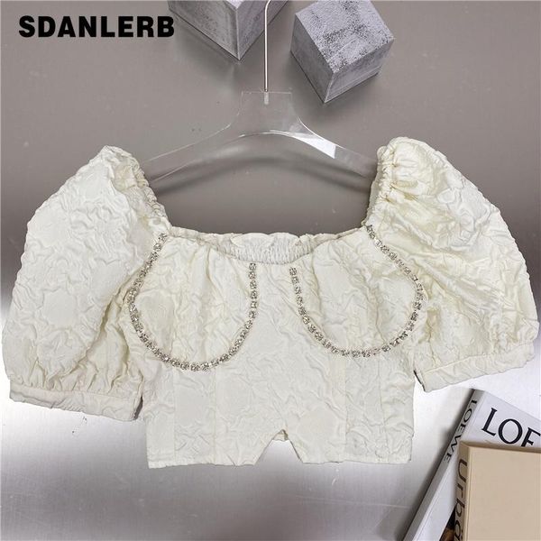 women's blouses & shirts 2021 summer women shirt french style retro short blouse elegant socialite rhinestone irregular slim puff sleev, White
women's blouses & shirts 2021 summer women shirt french style retro short blouse elegant socialite rhinestone irregular slim puff sleev, White