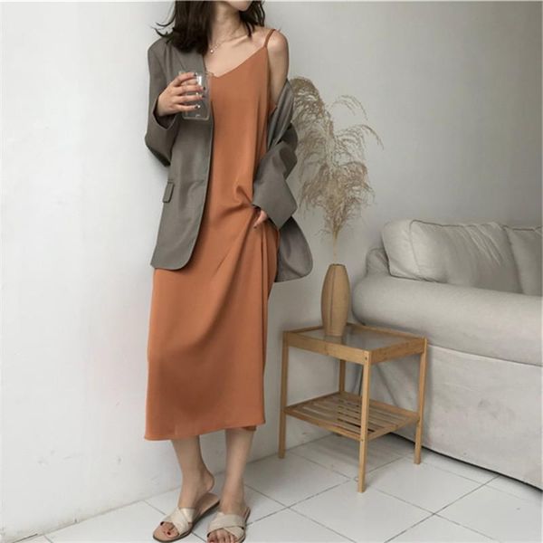 casual dresses spring summer strap women fashion elegant solid color spaghetti satin soft smooth loose straight long female dress, Black;gray
casual dresses spring summer strap women fashion elegant solid color spaghetti satin soft smooth loose straight long female dress, Black;gray