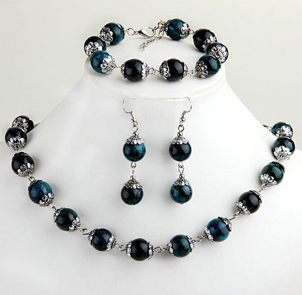 1set chrysocolla round beads ball bracelet necklace hook earrings set 0.47" hot, Black
1set chrysocolla round beads ball bracelet necklace hook earrings set 0.47" hot, Black