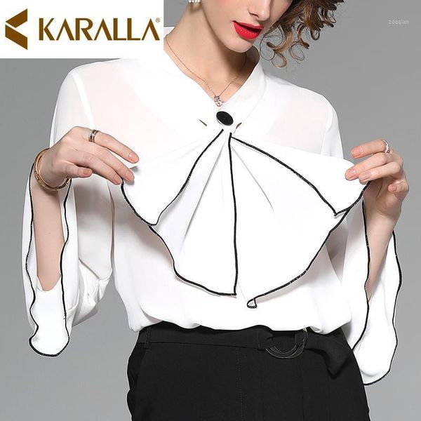 women's blouses & shirts elegant flared sleeves v-collar chiffon blouse women contrasting color flounces ladies pure shirt c602, White
women's blouses & shirts elegant flared sleeves v-collar chiffon blouse women contrasting color flounces ladies pure shirt c602, White