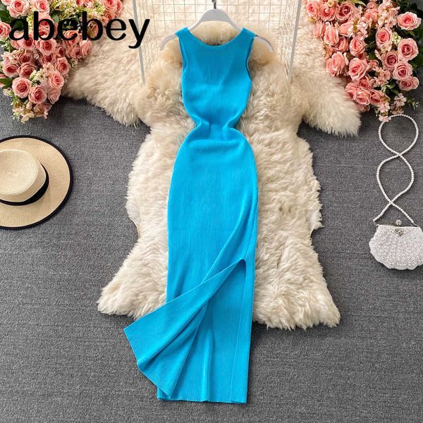 summer hollow out twisted back sleeveless high slit women knitted dress solid color feminine mid-calf dress 210715, Black;gray
summer hollow out twisted back sleeveless high slit women knitted dress solid color feminine mid-calf dress 210715, Black;gray