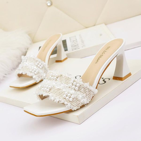slippers open toe high heels pearl thin versatile sandals thick heel net red banquet women's shoes, Black
slippers open toe high heels pearl thin versatile sandals thick heel net red banquet women's shoes, Black