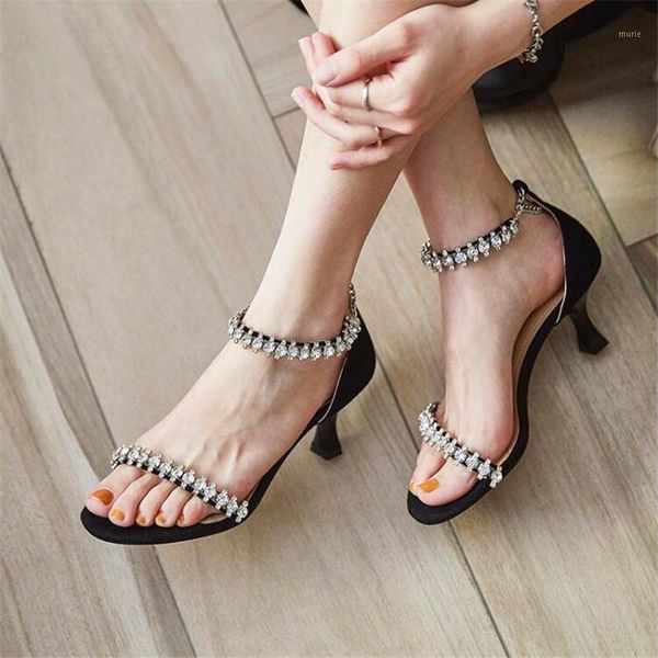 sandals rhinestone round toe women's high heels black slim heel summer ladies1