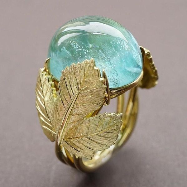 wedding rings delicate jewelry gold metal leaves blue resin stone ring fashion plant moonstone for women, Slivery;golden
