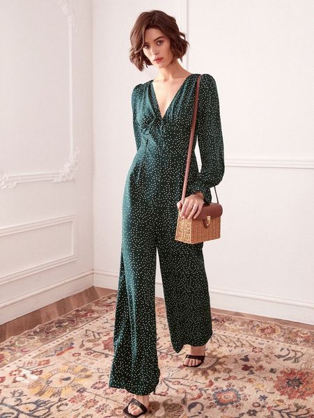 deep v neck polka dot print flounce sleeve backless jumpsuit z4xg#, White 
deep v neck polka dot print flounce sleeve backless jumpsuit z4xg#, White
