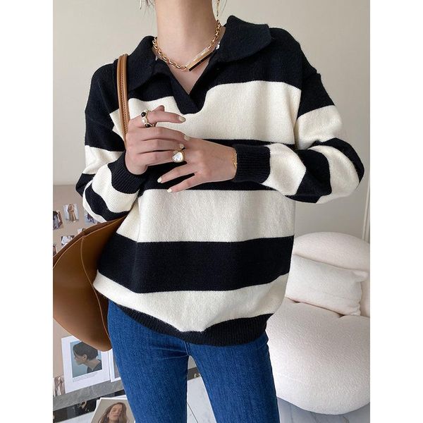 women's sweaters collar women stripe 2021 autumn winter turn down loose long sleeve pullover striped sweater casual, White;black
women's sweaters collar women stripe 2021 autumn winter turn down loose long sleeve pullover striped sweater casual, White;black