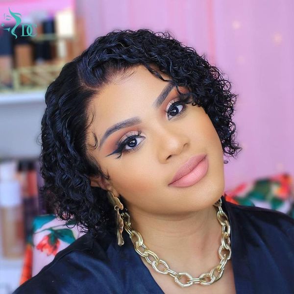 

lace wigs pixie cut wig short curly bob human hair 13x4 frontal pre plucked deep water for women, Black;brown