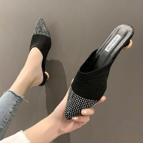 slippers women's flip flops thin heels slides women pointed toe air mesh shoes plus szie 43, Black 
slippers women's flip flops thin heels slides women pointed toe air mesh shoes plus szie 43, Black