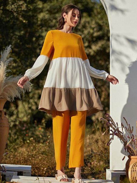 color block lantern sleeve ruffle hem & pants t8pe#, White 
color block lantern sleeve ruffle hem & pants t8pe#, White
