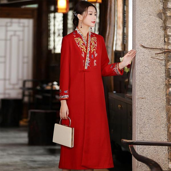 women's wool & blends women's mid-length autumn and winter chinese style embroidery v-neck plus size a buckle woolen coat s, Black