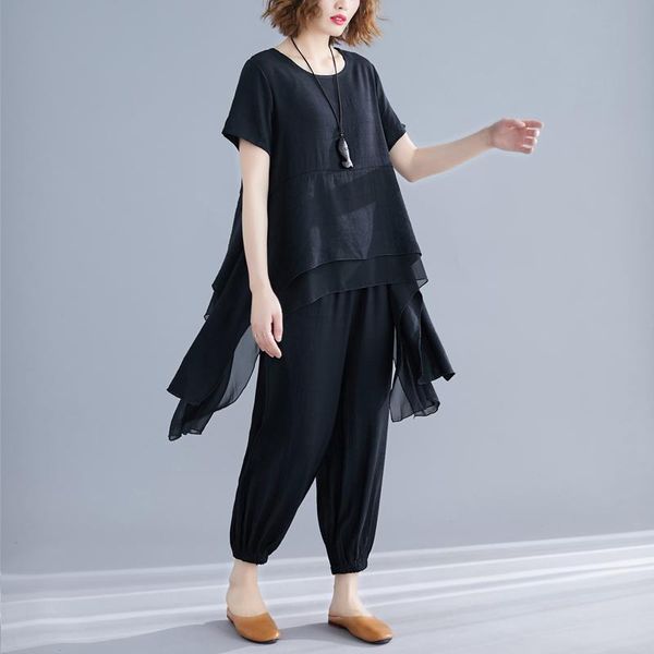 #0805 summer asymmetrical long blouse short sleeve harem pants cotton linen casual vintage sets two pieces woman plus size tide women's, Gray
#0805 summer asymmetrical long blouse short sleeve harem pants cotton linen casual vintage sets two pieces woman plus size tide women's, Gray