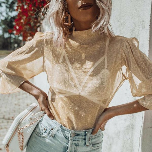 women's t-shirt women sheer mesh fish net long sleeve turtle neck see shirt, White
women's t-shirt women sheer mesh fish net long sleeve turtle neck see shirt, White