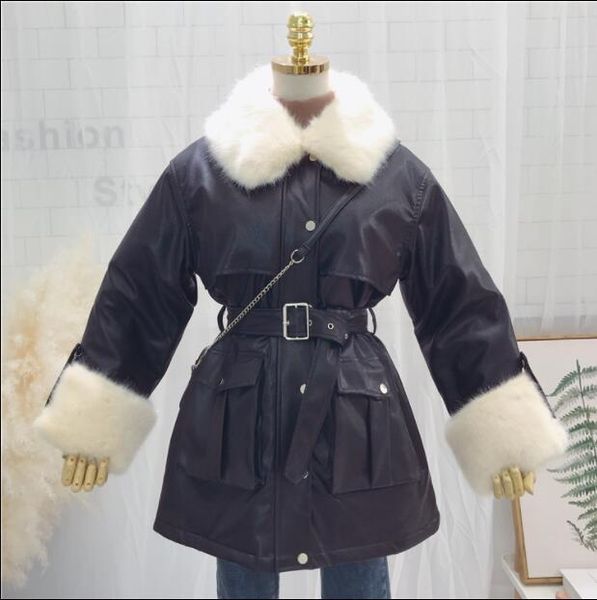women's leather & faux natural fur jacke coat collar cuff parka long winter jacket, Black
women's leather & faux natural fur jacke coat collar cuff parka long winter jacket, Black