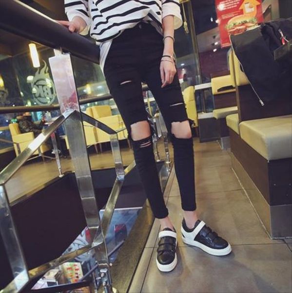 black knee holes ripped denim womens jeans slim skinny cotton harajuku teenager, Blue
black knee holes ripped denim womens jeans slim skinny cotton harajuku teenager, Blue