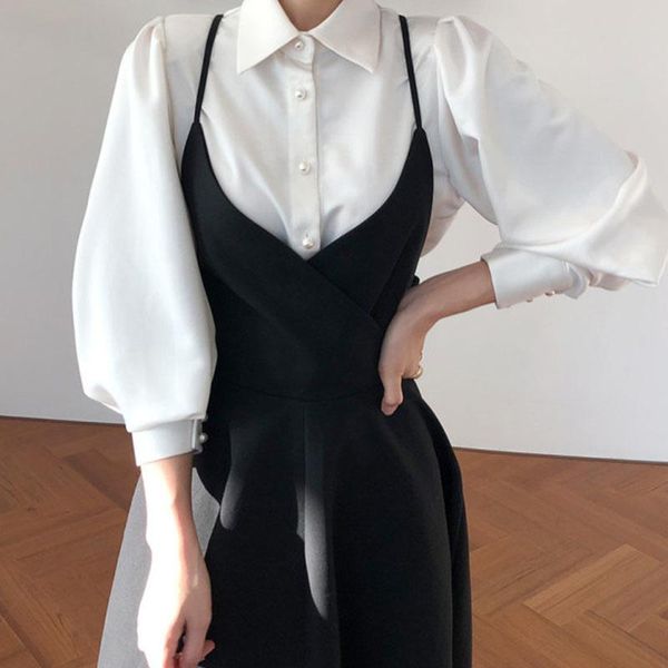 party dresses korean chic french lapel single breasted lantern sleeve shirt + back bow large swing suspender dress, White;black
party dresses korean chic french lapel single breasted lantern sleeve shirt + back bow large swing suspender dress, White;black