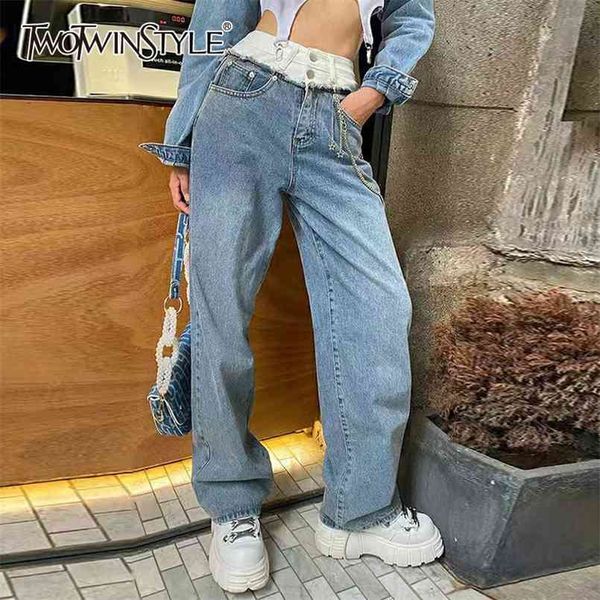 casual patchwork hit color denim trousers for women high waist loose straight pants female spring fashion style 210521, Blue
casual patchwork hit color denim trousers for women high waist loose straight pants female spring fashion style 210521, Blue
