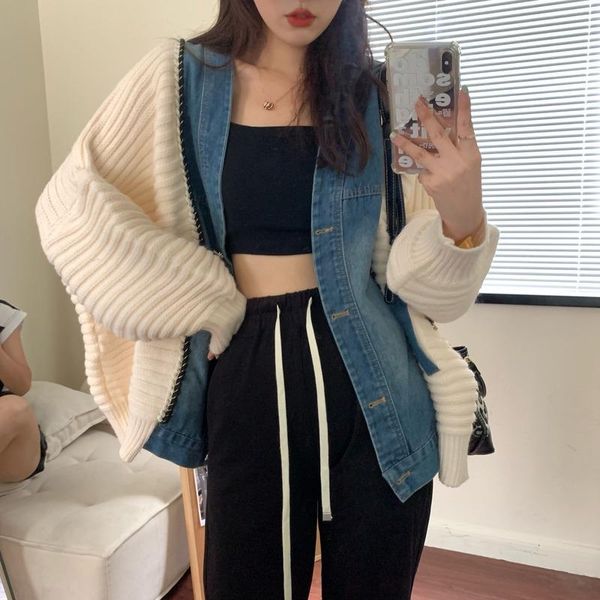 women's jackets autumn and winter korean style loose all-match fashion knitted denim stitching warm jacket women, Black;brown
women's jackets autumn and winter korean style loose all-match fashion knitted denim stitching warm jacket women, Black;brown