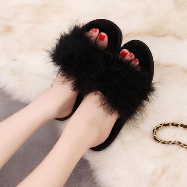women's winter warm furry slippers ladies cute plush hair sandal shoes fluffy fur for women, Black