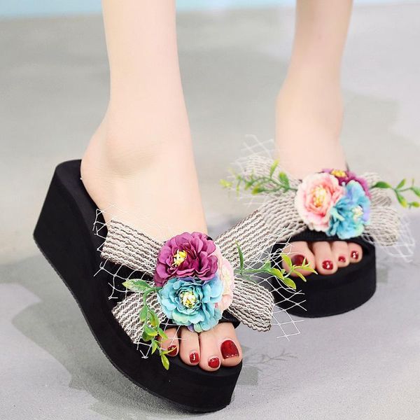 slippers 2021 wedge beach flowers bows thick bottom holiday women shoes, Black