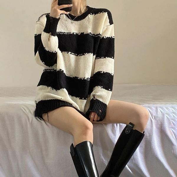 women's sweaters striped sweater pullover early autumn 2021 loose lazy wind mid-length chic thin long-sleeved top, White;black
women's sweaters striped sweater pullover early autumn 2021 loose lazy wind mid-length chic thin long-sleeved top, White;black