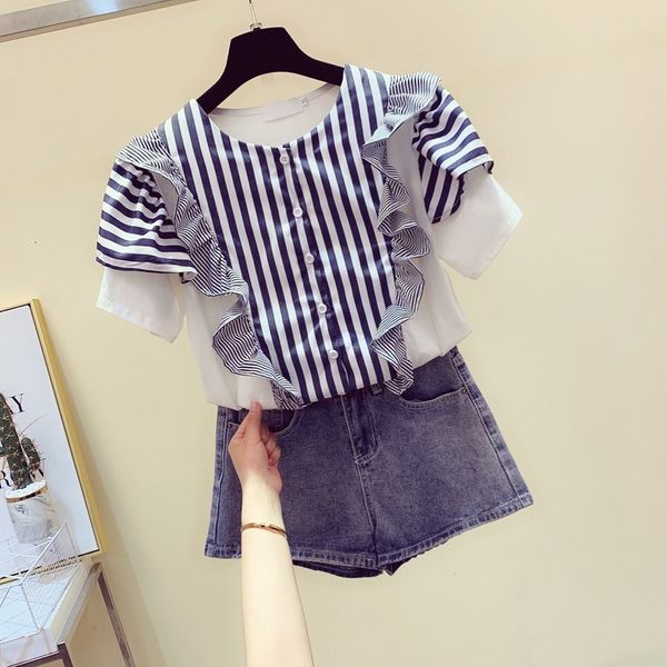 suits short-sleeve ruffle blouse vertical striped panel shirt women's loose-fit femme blusas mujer, White;black
suits short-sleeve ruffle blouse vertical striped panel shirt women's loose-fit femme blusas mujer, White;black