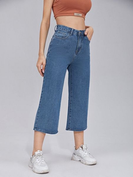 zipper fly wide leg crop jeans 7983#, Blue