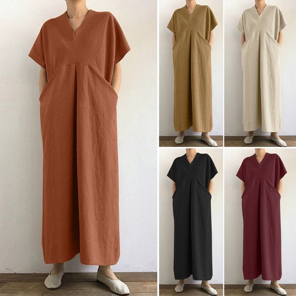 casual dresses women v neck solid cotton linen sundress elegant summer maxi long dress zcasual short sleeve kaftan vestido plus si, Black;gray
casual dresses women v neck solid cotton linen sundress elegant summer maxi long dress zcasual short sleeve kaftan vestido plus si, Black;gray