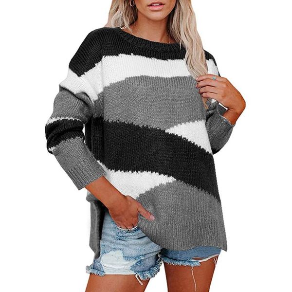 women's sweaters european and american style autumn winter knitted sweater irregular striped pullover women, White;black
women's sweaters european and american style autumn winter knitted sweater irregular striped pullover women, White;black