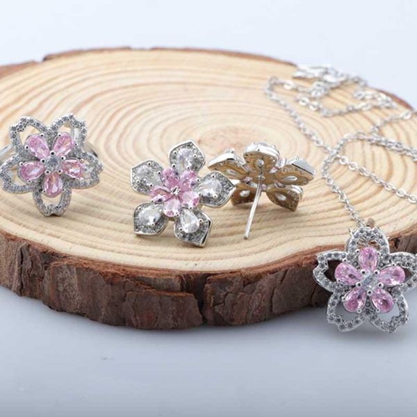 earrings & necklace exquisite cherry blossoms jewelry set charm flower with pink crystal zircon 2021 trend ring for women wedding christmas, Silver
earrings & necklace exquisite cherry blossoms jewelry set charm flower with pink crystal zircon 2021 trend ring for women wedding christmas, Silver