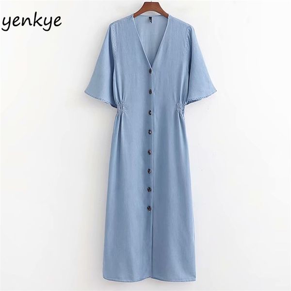vintage light blue denim dress women v neck short sleeve elastic waist slim a-line female summer casual robe 210514, Black;gray
vintage light blue denim dress women v neck short sleeve elastic waist slim a-line female summer casual robe 210514, Black;gray