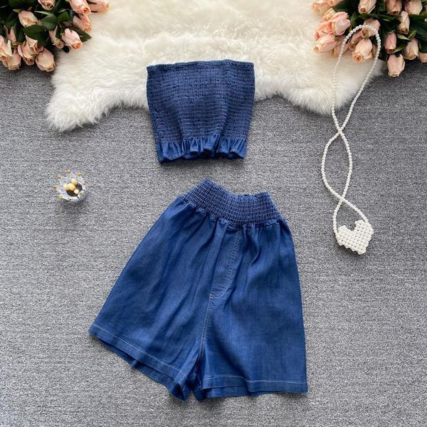 women's tracksuits singreiny women summer retro denim set elastic ruched sleeveless strapless short +wide leg pants two piece suits, Gray
women's tracksuits singreiny women summer retro denim set elastic ruched sleeveless strapless short +wide leg pants two piece suits, Gray