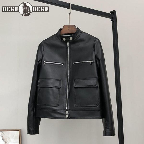 women's leather & faux women stand collar motorcycle bikers jacket punk genuine sheepskin short coat long sleeve street casual outerwea, Black
women's leather & faux women stand collar motorcycle bikers jacket punk genuine sheepskin short coat long sleeve street casual outerwea, Black