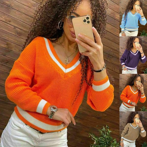 2021 winter casual v-neck color blocking pullover long sleeve sweater female, White;black 
2021 winter casual v-neck color blocking pullover long sleeve sweater female, White;black