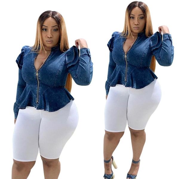women's jackets plus size xl-5xl streetwear women solid ruffles denim fashion lady v-neck full sleeve zipper short coats 2021 autumn, Black;brown
women's jackets plus size xl-5xl streetwear women solid ruffles denim fashion lady v-neck full sleeve zipper short coats 2021 autumn, Black;brown