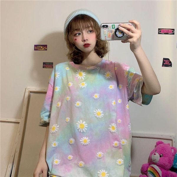 women's t-shirt 2021 summer tie-dye short sleeve female students korean loose daisy goth shirt clothing women plus size fashion, White
women's t-shirt 2021 summer tie-dye short sleeve female students korean loose daisy goth shirt clothing women plus size fashion, White