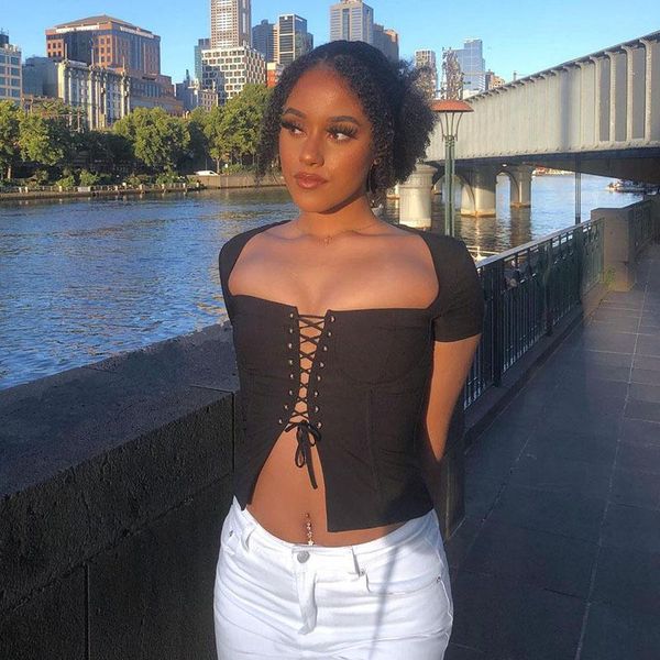 women's t-shirt summer black elegant vintage cropped tee chic women square collar lace up short sleeve e-girl streetwear, White 
women's t-shirt summer black elegant vintage cropped tee chic women square collar lace up short sleeve e-girl streetwear, White